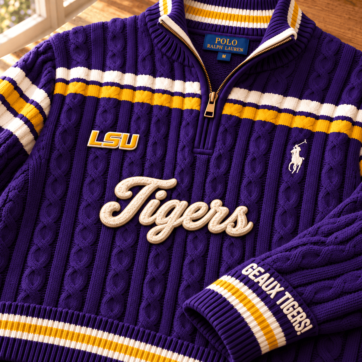 LSUT PREMIUM Varsity Cable-Knit Quarter-Zip Sweater NHVH